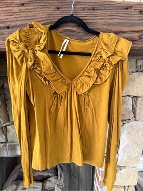 Anthropologie Mustard Ruffle V-Neck Long Sleeve Top